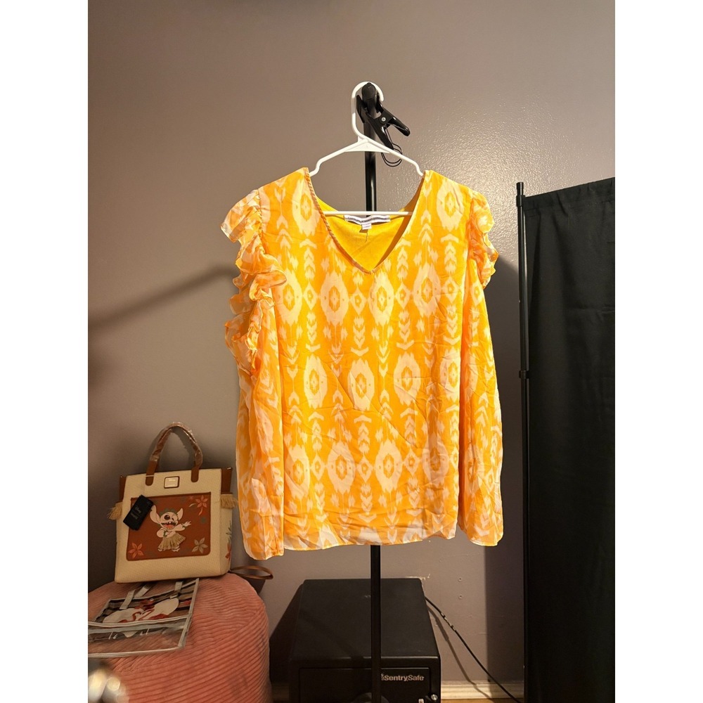Curations by Sarah Anderson, Yellow Blouse, Ruffle Sleeve, Lined, Sz 2XL